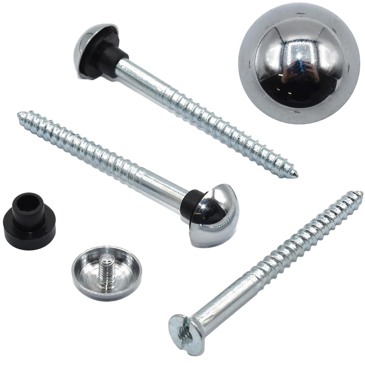 Mirror Screws plus Chrome Dome Caps & Protective Rubber Grommets 1 1/2" (38mm) x 8g (4 Pack)