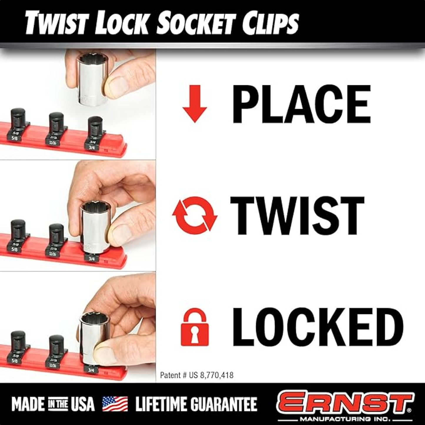 Ernst 8440 1/4” Twist Lock Socket Clips 22 Pack Black