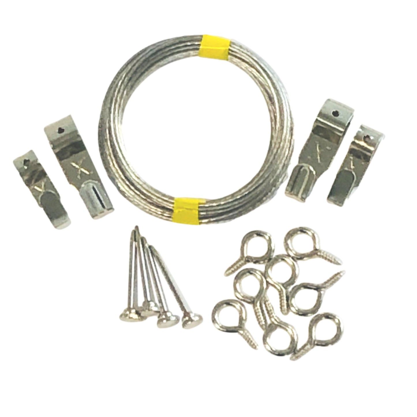 Silver Picture Hanging Kit X-Hooks Nickel Hook, Wire & Eye Set