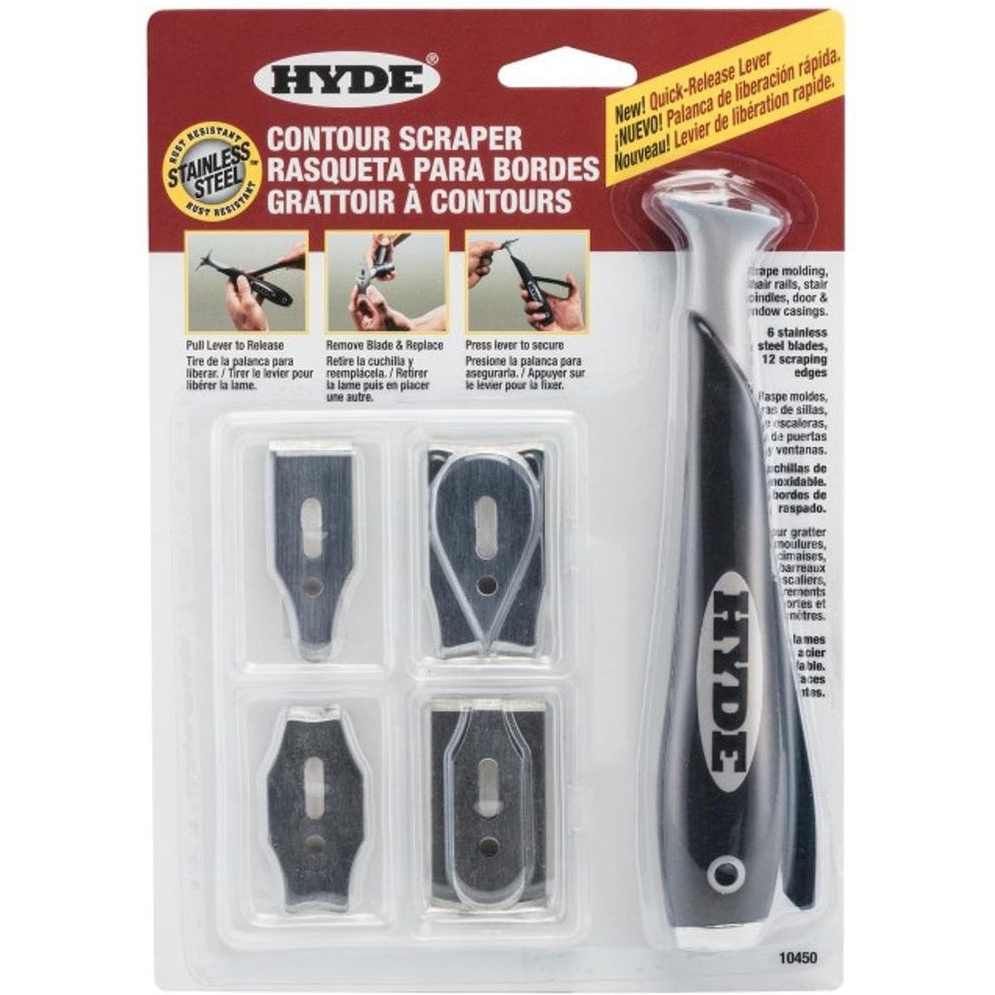 Hyde 10450 Quick Release Contour Scraper 6 Stainless Steel Blades