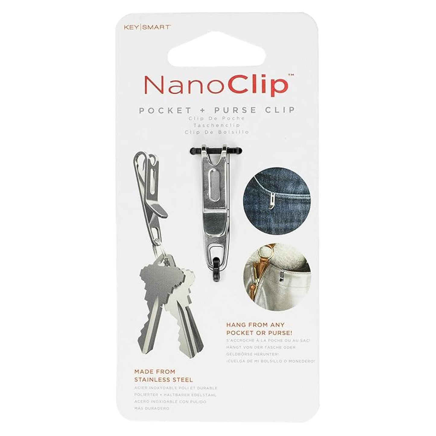 KeySmart NanoClip Pocket Purse Key Clip Keyring Stainless Steel