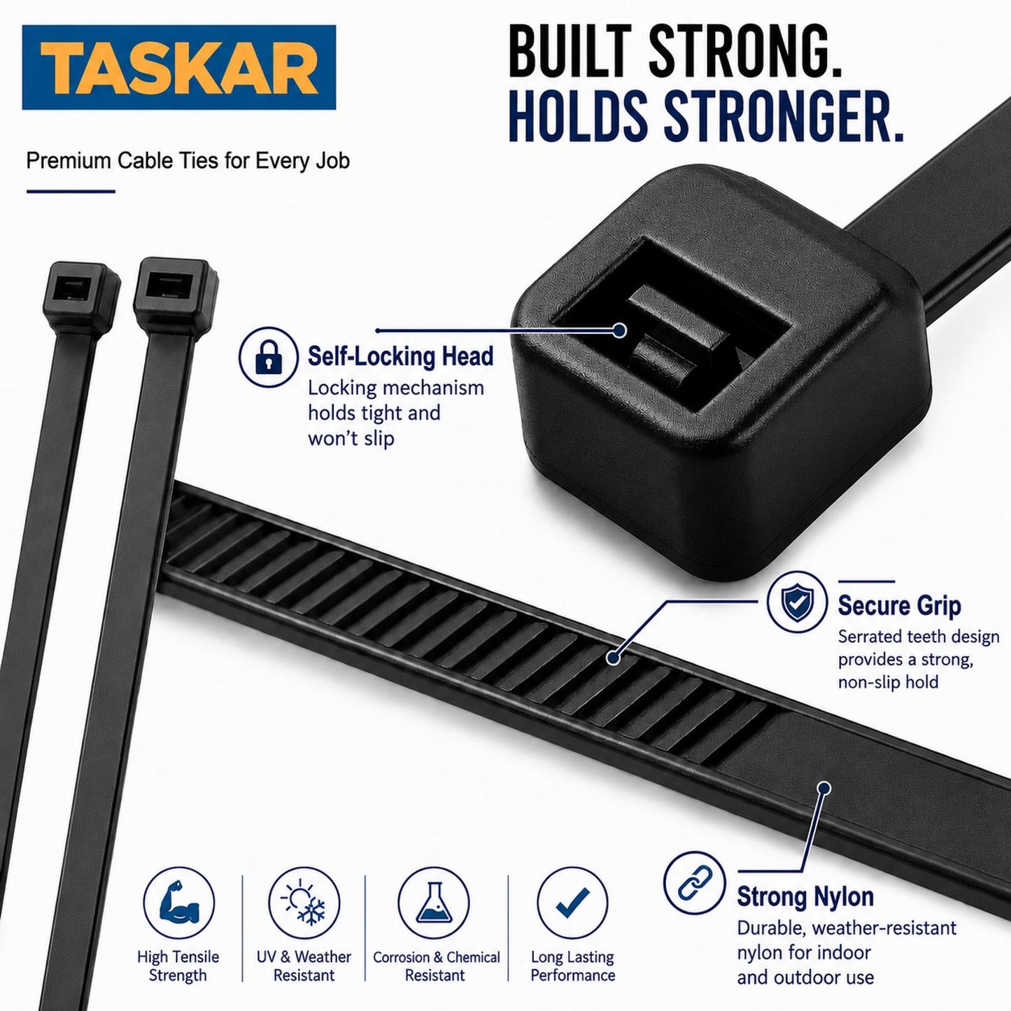 Black Cable Ties 300mm x 4.8mm Strong Zip Ties (100 Pack)