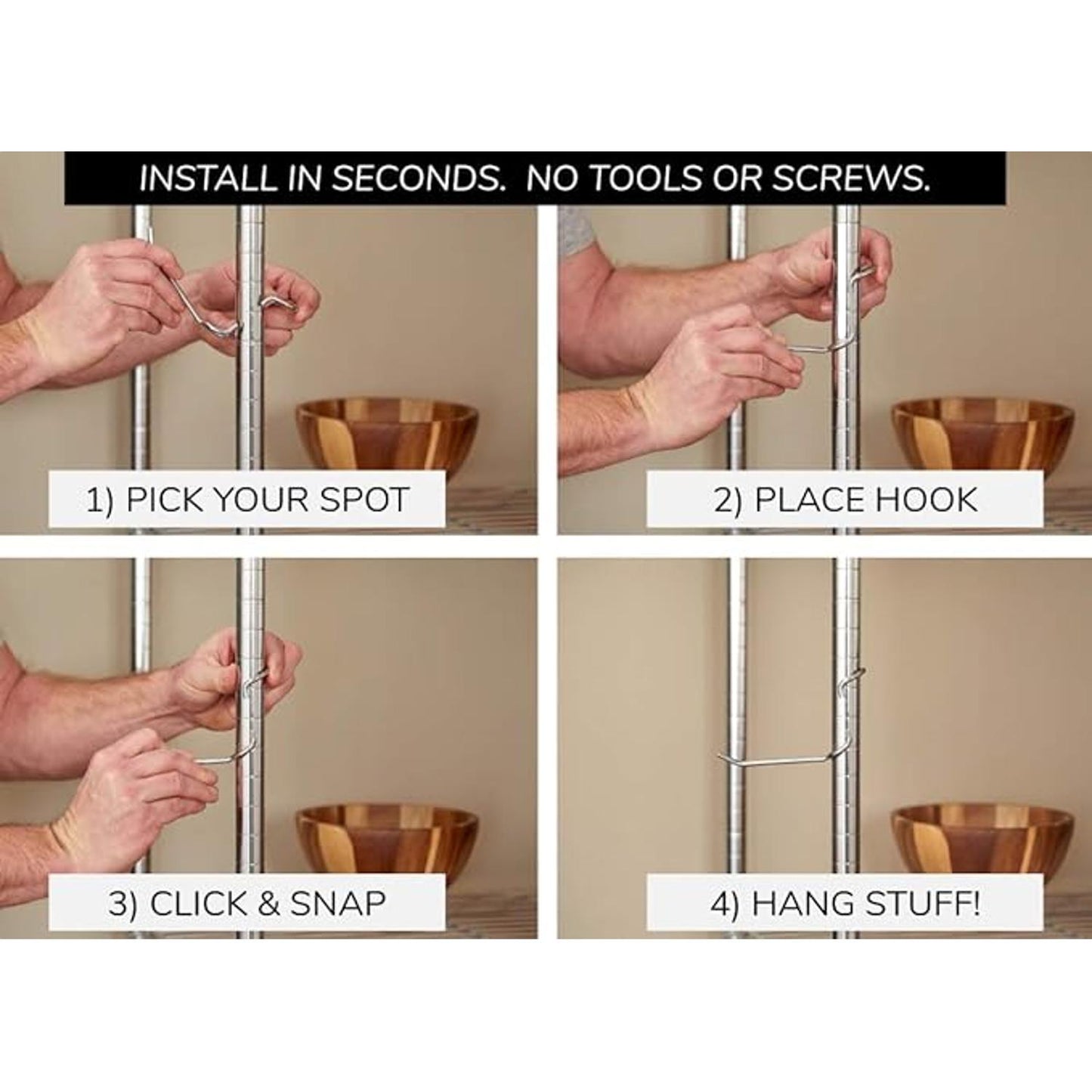 PoleHooks Chrome Wire Shelving Hooks All Purpose 4" (5 Pack) 