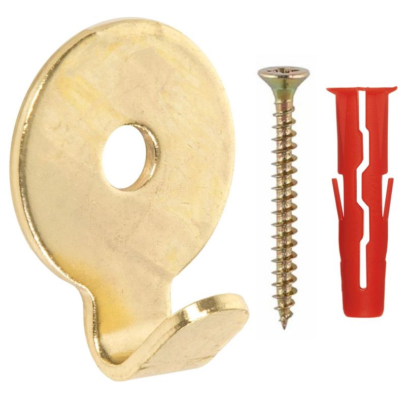 Brass Heavy Duty Round Picture Hook & Fixings (3 Pack)