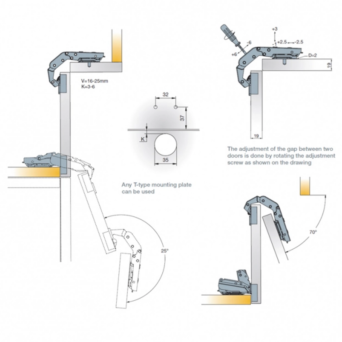 Titus T-Type 70° Bi-Fold Cabinet Hinge & Mounts (2 Pack)