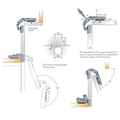 Titus T-Type 70° Bi-Fold Cabinet Hinge & Mounts (2 Pack)