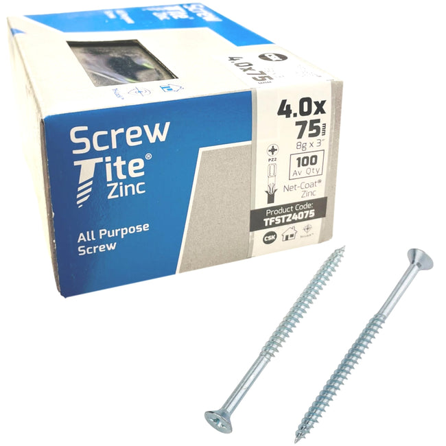 Screw-Tite Pozi Countersunk Zinc Plated Screws 4mm x 75mm 100 Pack