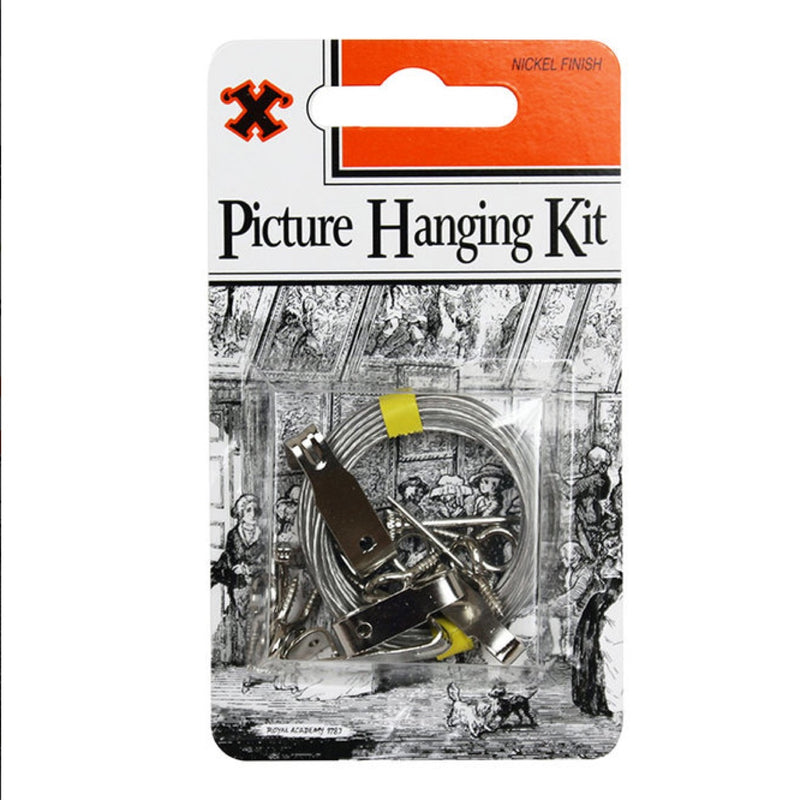 Silver Picture Hanging Kit X-Hooks Nickel Hook, Wire & Eye Set