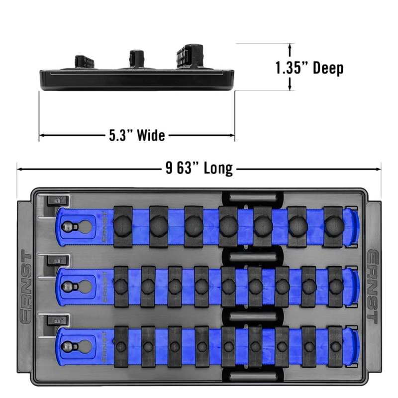 Ernst 8551 1/4", 3/8", 1/2" Socket Boss Storage Organiser 3-Rail Twist Lock 8" Blue