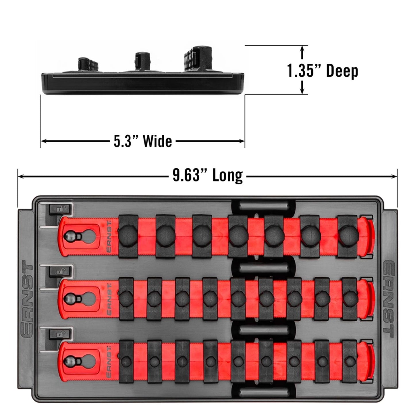 Ernst 8550 1/4", 3/8", 1/2" Socket Boss Storage Organiser 3-Rail Twist Lock 8" Red