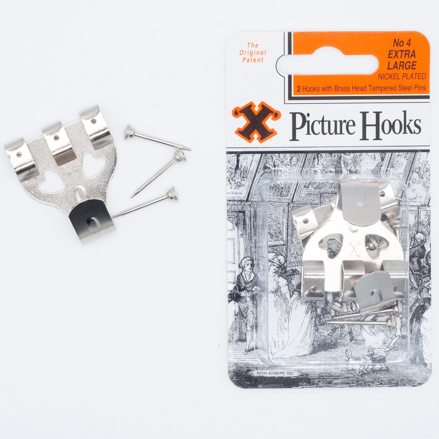 X Picture Hooks and Brass Head Pins Nickel Plated No.4_Pack of 2 