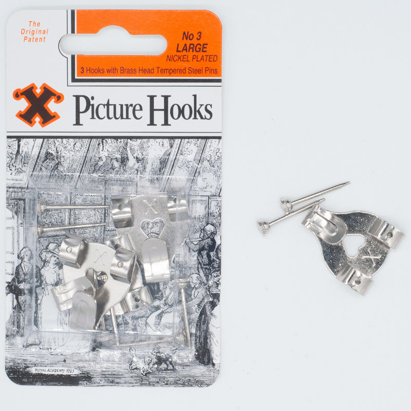 X Picture Hooks Nickel Plated + Pins No.3 Pack of 3 Chrome/Silver
