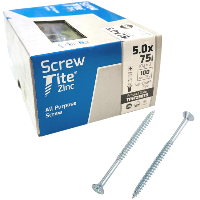 Screw-Tite Pozi Countersunk Zinc Plated Screws 5mm x 75mm 100 Pack