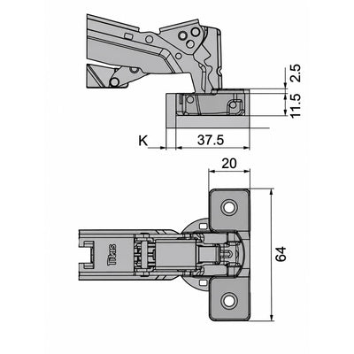 Titus B-Type 170° Full Overlay Hinge 248-0P43-050 48mm Centres