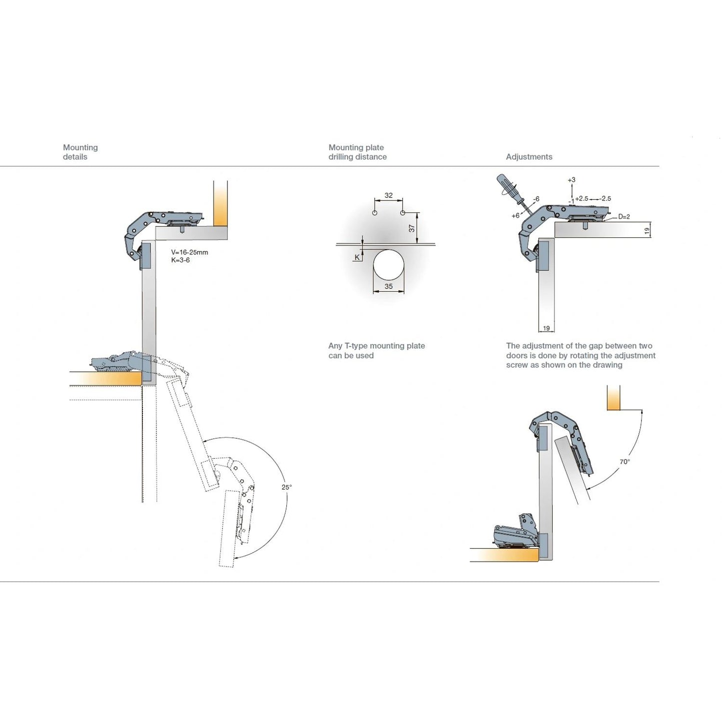 Titus T-Type 70° Bi-Fold Door Hinge For Corner Cabinets 721-0PK0-650