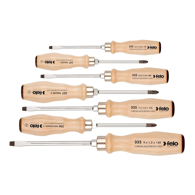 Felo Screwdriver Wooden Handle Slotted/Pozi/Phillips 7 Piece Set 