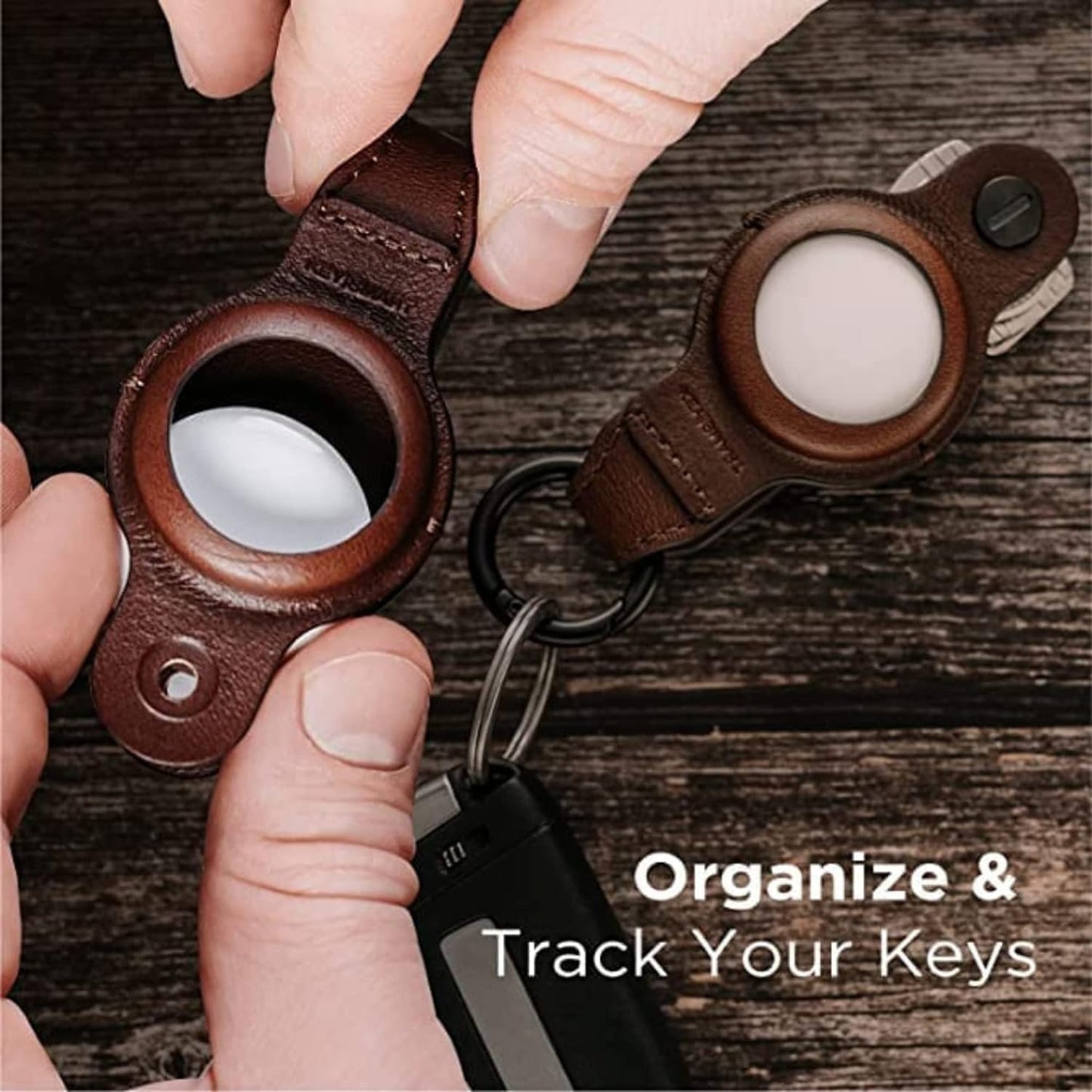 KeySmart Air Compact Keyring Key Holder Leather Rustic Brown For Apple Airtag