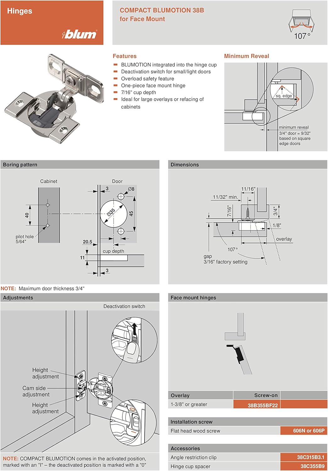 Blum 38B Compact Soft Close Hinge 107° 38B355BF_1