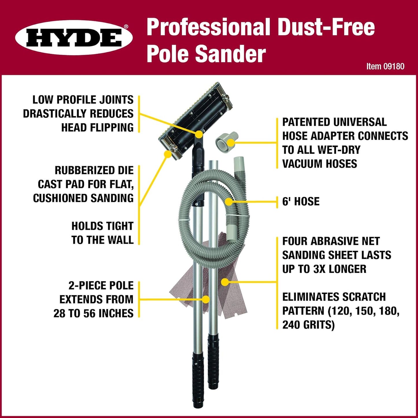 Hyde 09180 Dust-Free Vacuum Sander, Professional with Pole