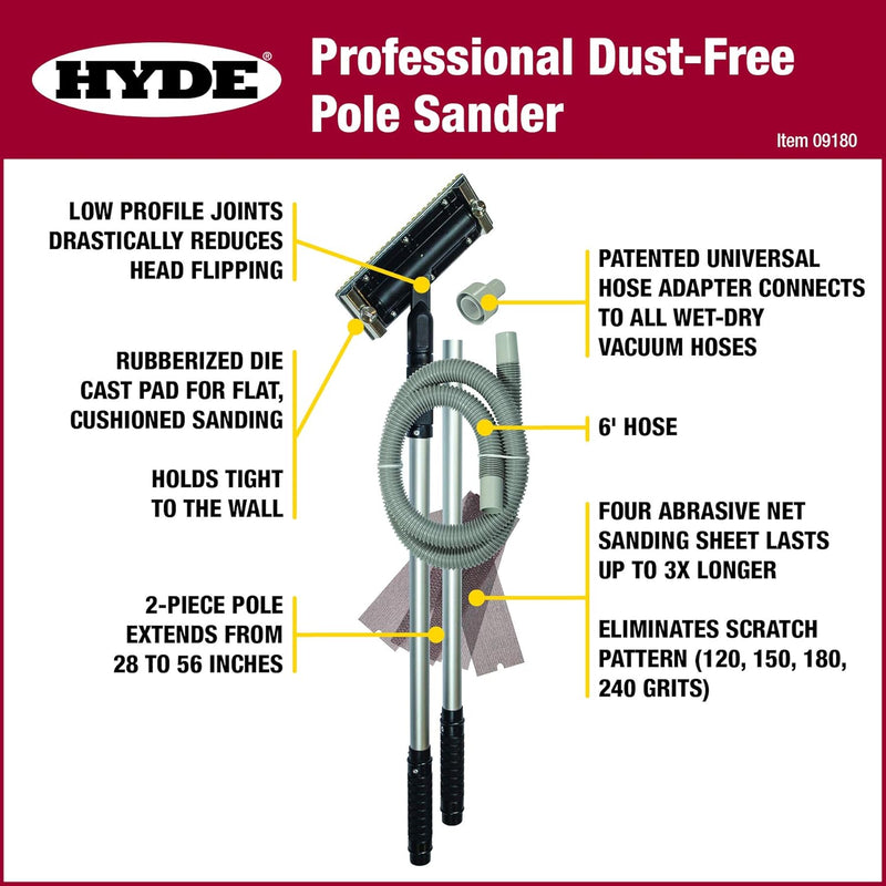 Hyde 09180 Dust-Free Vacuum Sander, Professional with Pole