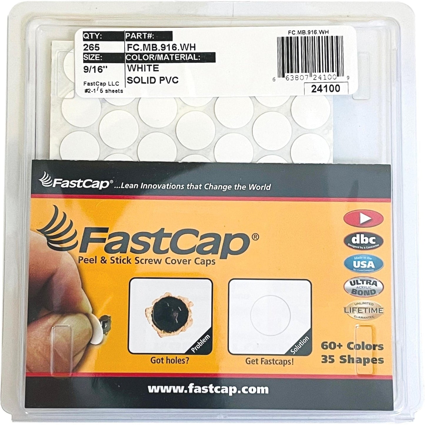 FastCap Peel & Stick White Screw Cover Caps PVC 14mm (9/16") x 266