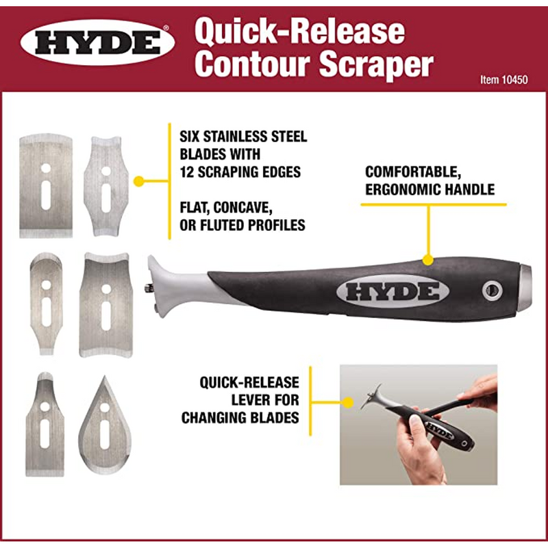 Hyde 10450 Quick Release Contour Scraper 6 Stainless Steel Blades